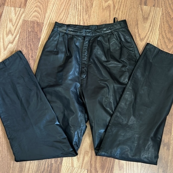 Leather 80s Pants Women's Size 8 Black Pleated Two Pockets Zipper Velcro Lined - Picture 2 of 13